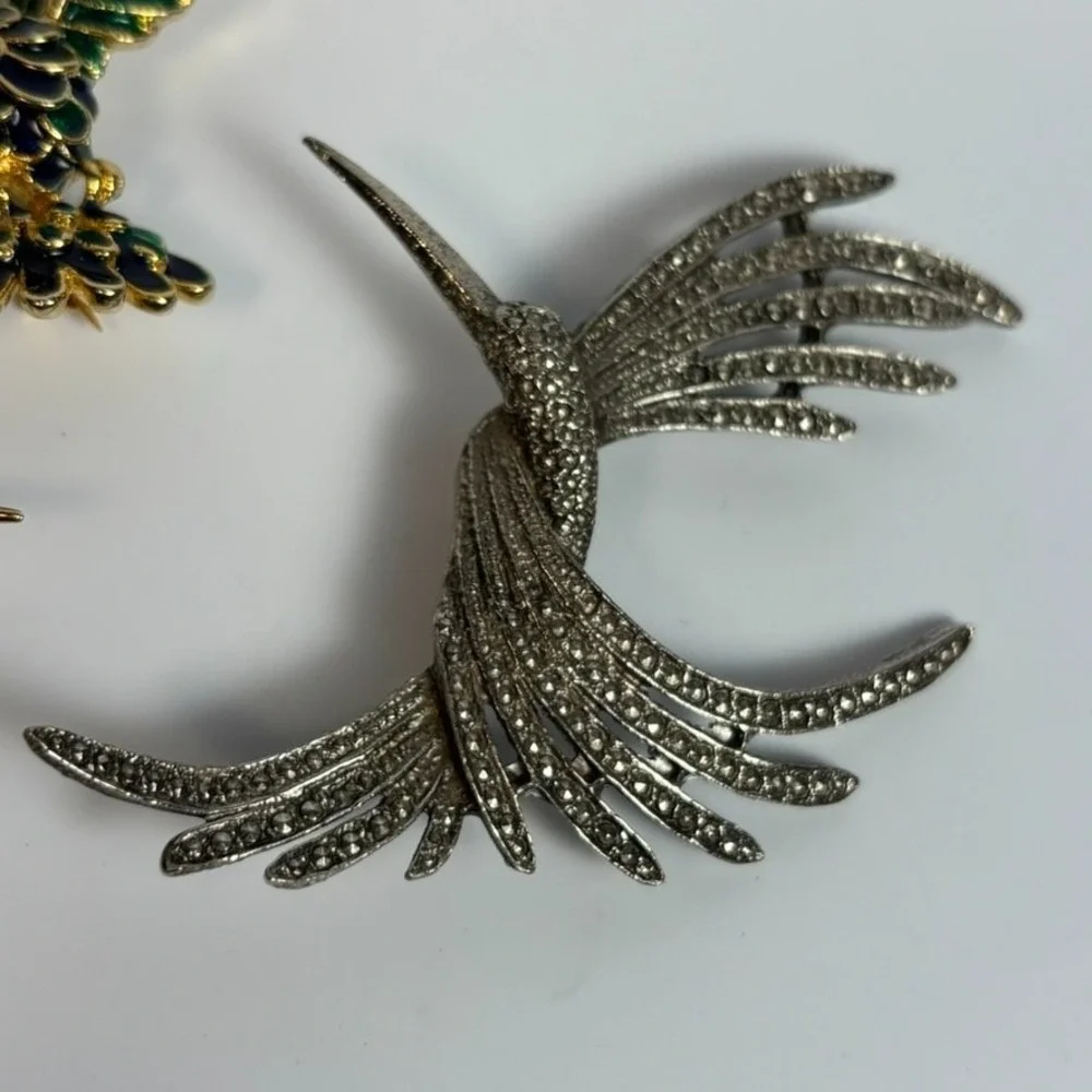 Brooch Lot Hummingbirds Vintage Silver Tone Green Painted Gold Tone‎ 2 inch